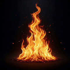 Fototapeta premium Dynamic fire flames bright orange and yellow colors isolated in dark background with embers and sparks.