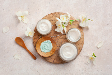 skincare products and jasmine flowers. zero waste eco friendly natural cosmetics for home spa