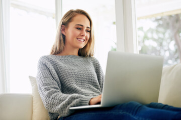 Remote work, woman and happy with laptop for news, research and email at home. Female student,...
