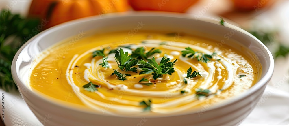 Poster a bowl of pumpkin soup with a lovely cream swirl topped with parsley displayed on a table with copy 