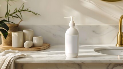 Fototapeta premium Blank Label Dish Soap: A dish soap bottle with no label next to a sink. 