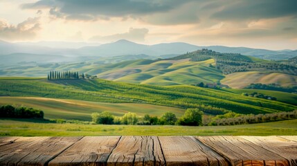 Serene countryside landscape with lush green hills and dramatic sky. Wooden table in foreground. Perfect for nature and travel themes. Country side beauty captured. AI