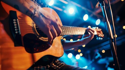 Fototapeta premium Cowboy Day Acoustic Guitar A close-up of a musician playing an acoustic guitar