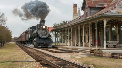 Obraz premium Cowboy Day Historic Train Station A historic train station with an old steam locomotive arriving