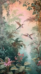 Vintage wallpaper of rainforest with pastel colors, showcasing hummingbirds and kangaroos in the background, oil painting. 