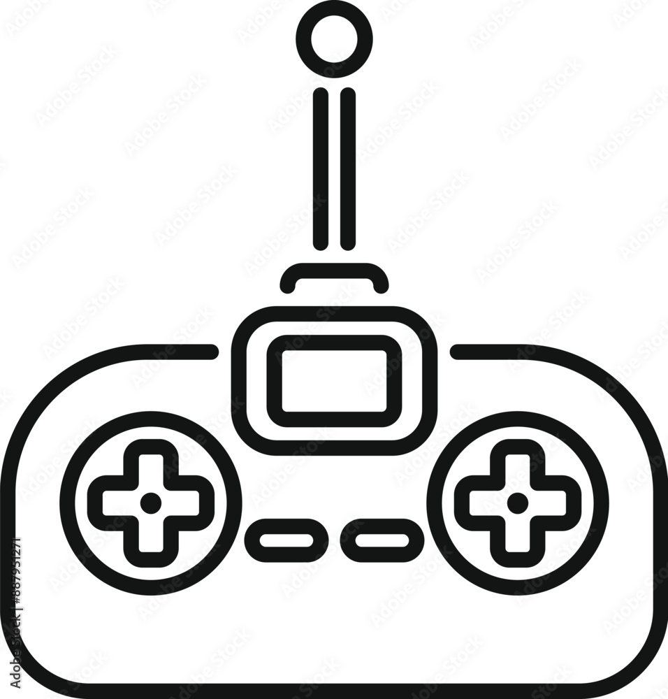 Poster remote control with antenna for piloting a drone, featuring a digital display and control sticks