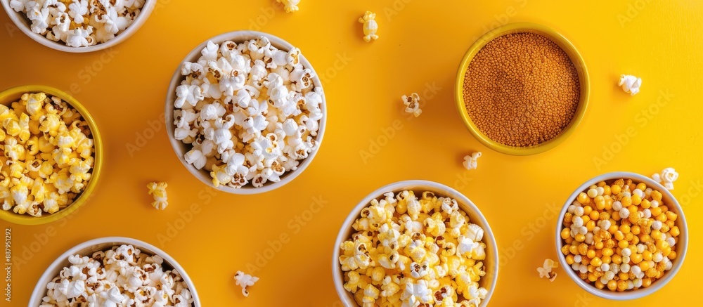 Poster From above a yellow table displays various flavored popcorn with room for text beside them in the copy space image