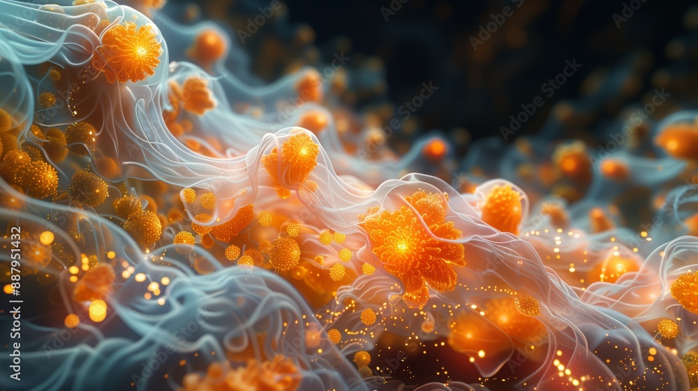 Poster a digital rendering of a simulated environment depicting complex biological systems, showcasing intr