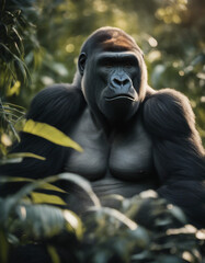 A silverback gorilla sitting amidst dense foliage, early morning light.
