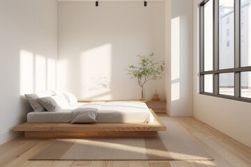 Minimalist Bedroom with Low-Profile Bed and Geometric Patterns Enhanced by Natural Light