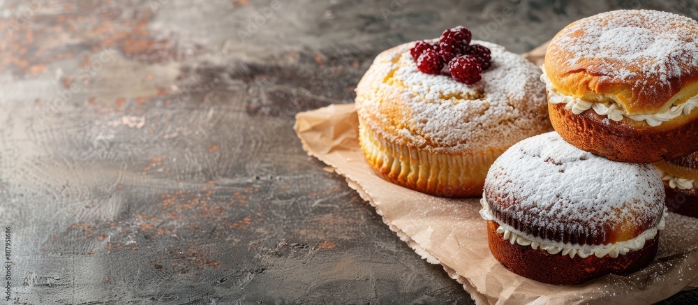 Poster three homemade hungarian cakes placed against a neutral background with ample copy space image for t