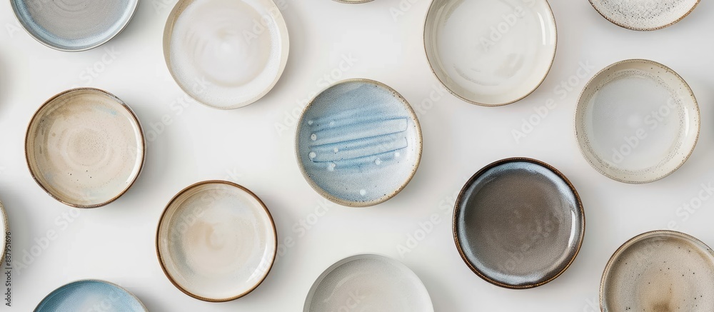 Poster empty ceramic plates arranged with copy space image on a white background in a top down view