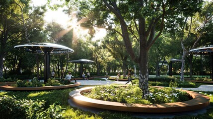Futuristic park with robotic gardeners and smart solar benches