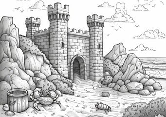Medieval castle by the sea with a playful crab on the beach. A fun black and white coloring page for kids, great for fantasy, adventure, and educational themes.