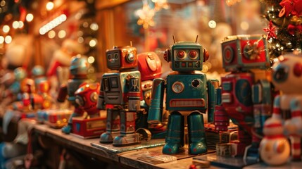 Vintage toys and robots at a Christmas market.