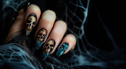Close-up of a hand with Halloween-themed nail art featuring skull designs, set against a dark, cobwebbed background.