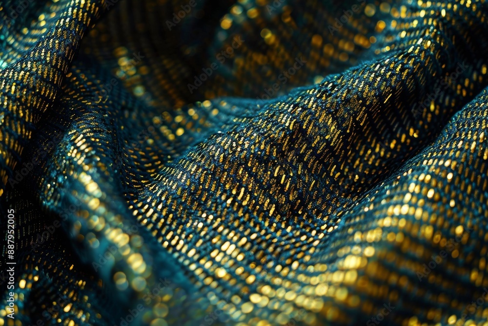 Poster sparkling gold fabric with intricate textures, creating a luxurious and elegant visual effect.