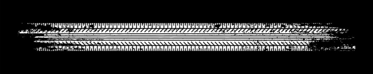 Fototapeta premium Grunge tire track, wheel braking marks. White truck, car or motorcycle tread pattern silhouette. Auto race, motorsport, speed racing design element. Vector illustration
