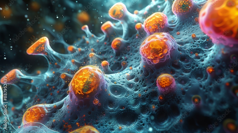 Poster a virtual simulation of nanoparticles interacting with each other, showcasing their complex and dyna