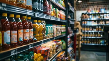 Fototapeta premium Supermarket aisle with juice bottles on shelves