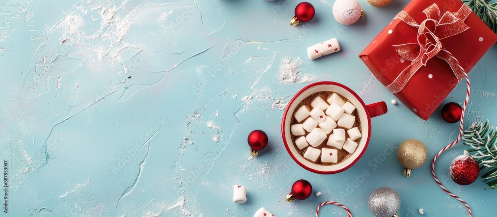 Poster horizontal christmas background with red gift wrapping cup of cocoa and marshmallows on light blue b