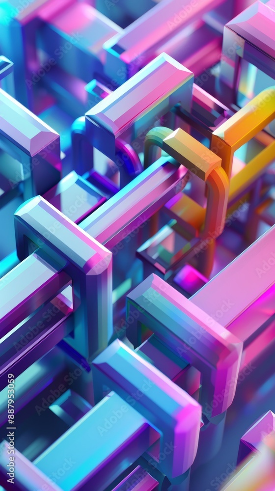 Poster an abstract structure with neon lights blends art and technology, creating a vibrant 3d pattern full