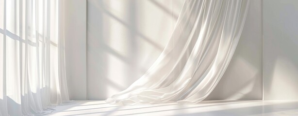 Simple interior design with white curtains, sunlight and soft shadows.