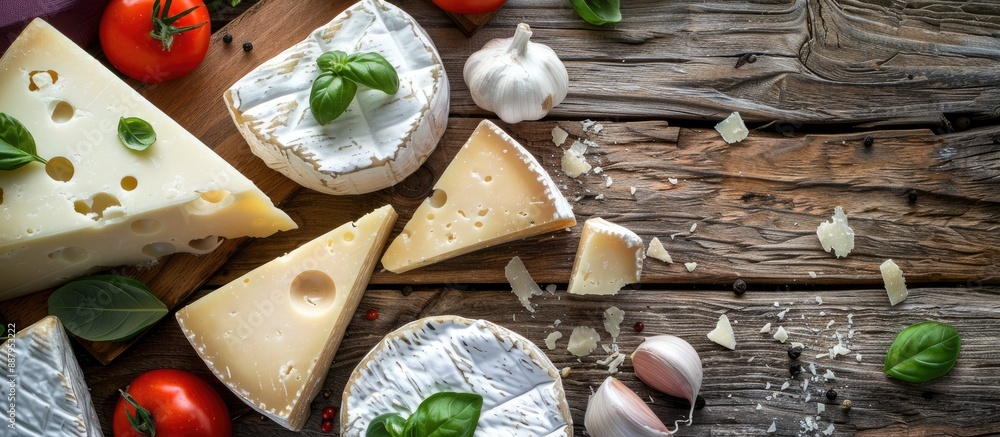 Poster top view copy space image of a wooden table adorned with garlic tomato basil and assorted cheeses li