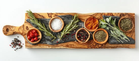 A rustic olive wood cutting board with spices and herbs for cooking placed on slate set against a clean white background with ample copy space image