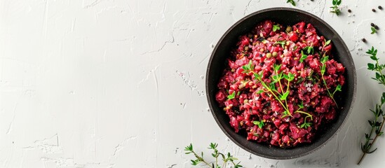 Top down view of uncooked vegan minced meat with thyme in a skillet set against a white background with ample copy space for text or additional images
