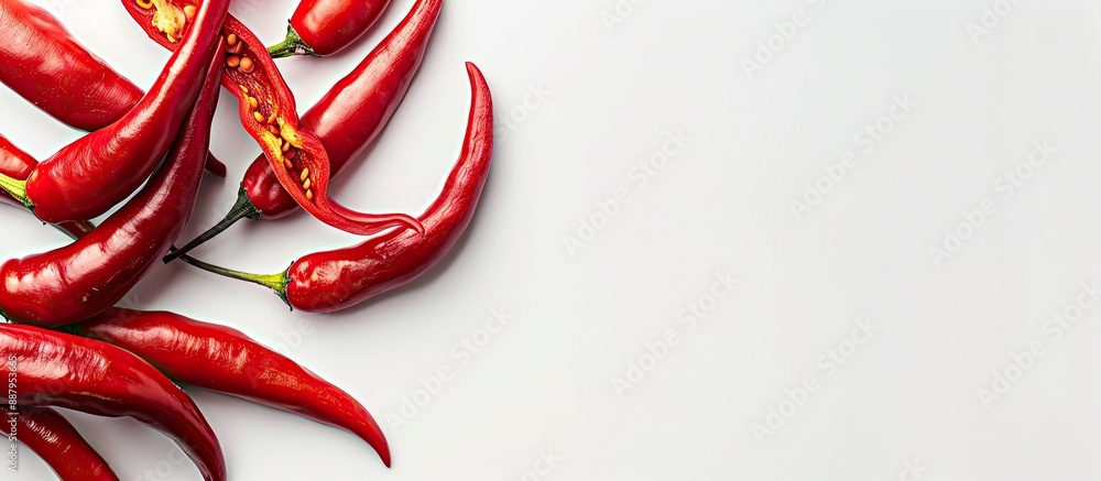 Poster vibrant paprika arranged on a white backdrop with room for text in the image. copy space image. plac
