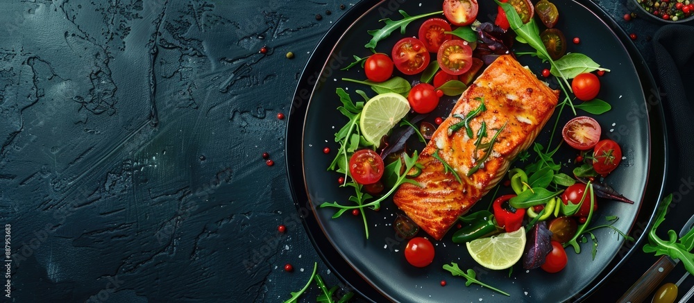 Aufkleber a scrumptious meal of salmon and veggies on a black table with a flat lay presentation ideal for add
