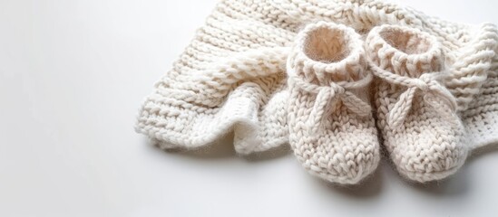 Obraz premium Knitted baby booties for a newborn on a white background with copy space image