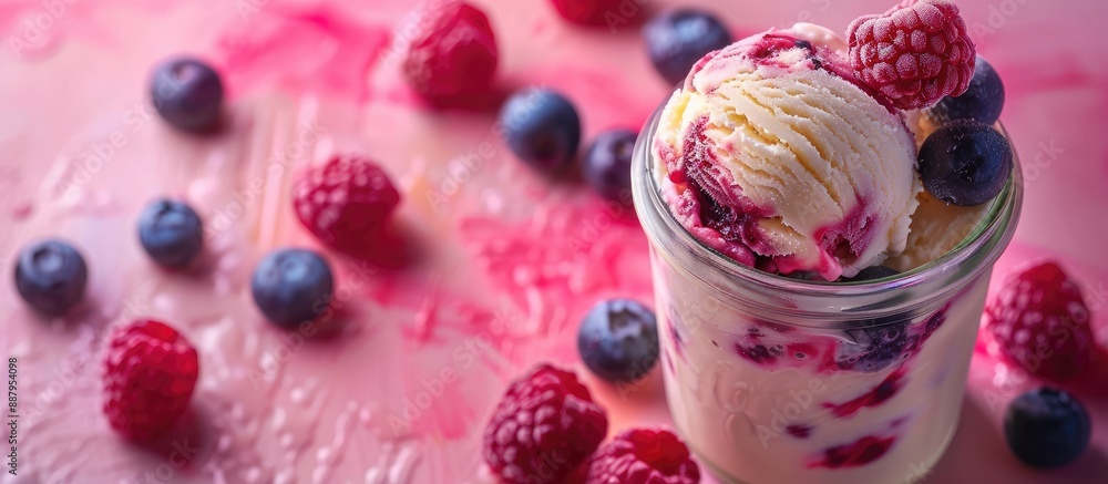 Poster glass jar filled with delicious ice cream topped with fresh raspberries and blueberries creating a c