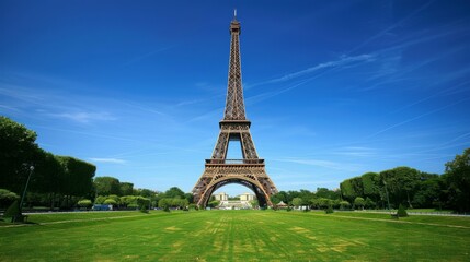 Eiffel Tower in Paris on a bright sunny day. Crisp and clear image with green lawns and blue sky. Ideal for travel, tourism, and wallpaper applications. 