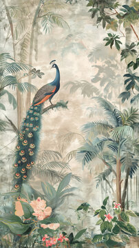 Vintage wallpaper of rainforest with pastel tones, highlighting peacocks and tigers in the background, oil painting. 