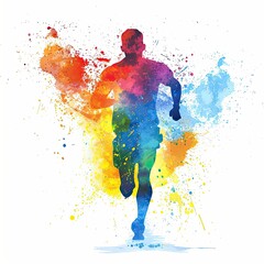 watercolor illustration features a runner in mid-stride, with bold splashes of blue, orange, and yellow hues adding to the intensity of the scene on a white background.