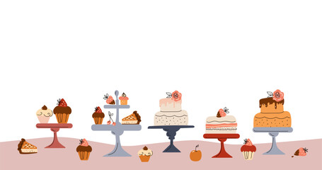 A hand-drawn set of various types of pastries, desserts, and fruits. Evening tea. Afternoon tea. Birthday sweet food. Vector cartoon flat doodle illustration. For menu, recipe, poster, wrapping 