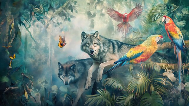 Vintage wallpaper of rainforest with wolves and colorful parrots, pastel color, oil painting style. 