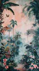 Vintage wallpaper of rainforest with wolves and hummingbirds, pastel color, oil painting style. 