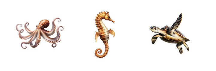 Obraz premium Set Of Octopus Seahorse And Turtle On Transparent Background, Sea Animals Set 