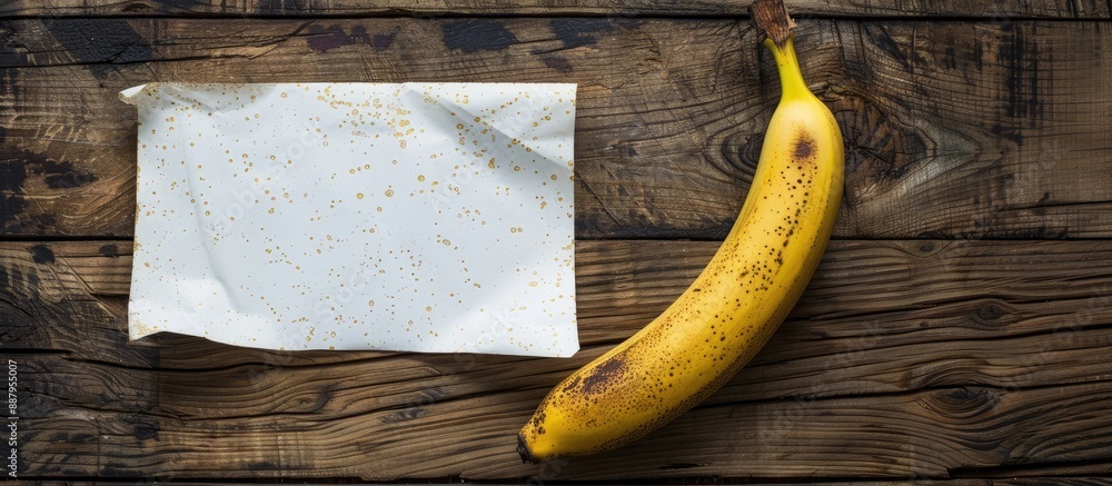 Poster wooden textured background with white template paper and a banana with copy space image