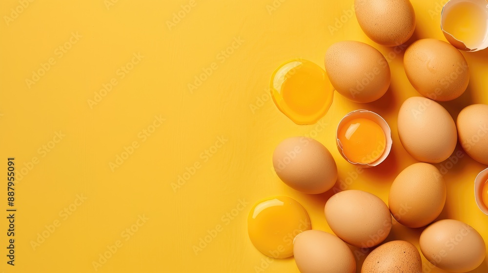 Poster top view of raw chicken eggs on yellow background with text space
