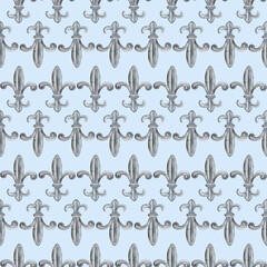 Seamless pattern Fleur de lis isolated on white background illustration. Vintage heraldic. Fleur-de-lys hand drawn watercolor draw. French lily. Decor, decoration, cards, posters, design, Greeting © Nataliia