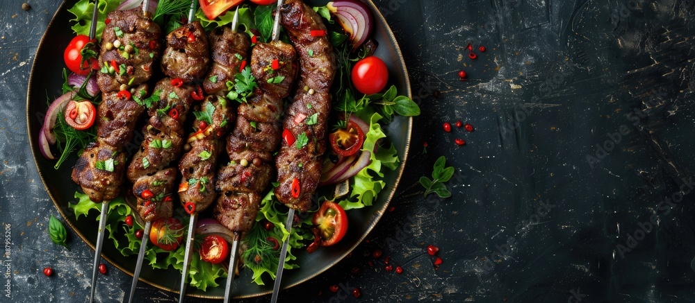 Aufkleber adana kebab a mix of beef and lamb skewered and grilled served with tomato salad and onion on a dark