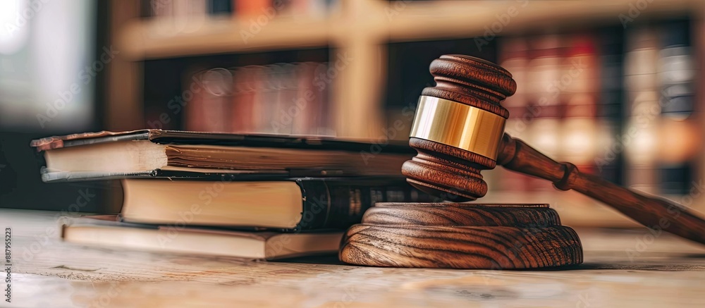 Poster close up of a wooden gavel and books on a table with a blurred background ideal for a copy space ima