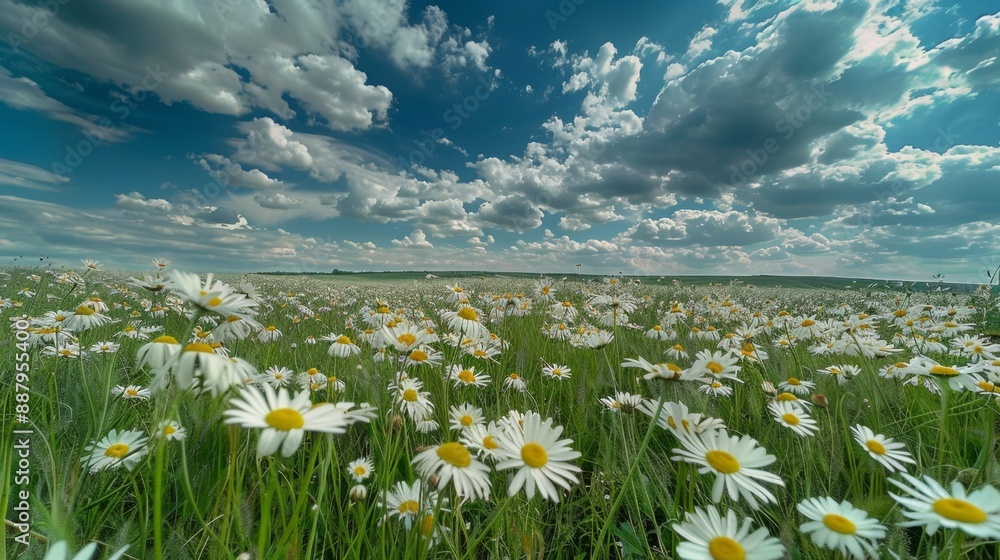 Canvas Prints Field of Daisies Under a Cloudy Sky.