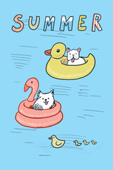 Vector illustration of a cute dogs swimming in inflatable ring.