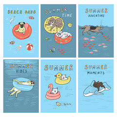 Set of cute hand drawn vector illustrations with funny dogs, fish, swimming rings and lettering.