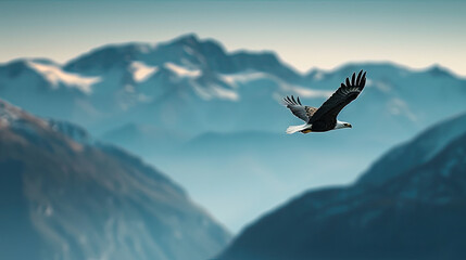 Obraz premium A bald eagle soars through the Grand Teton mountain range in Wyoming.